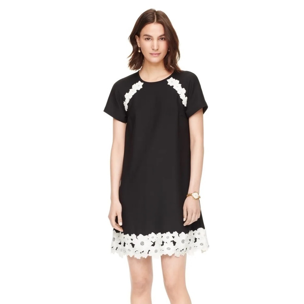 NWT Kate Spade Lace Trim Satin Crepe Dress Flights of Fancy Black OUMU0685 Sz 0